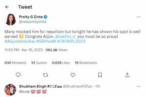 Preity Zinta's Tweet on Arjun Tendulkar