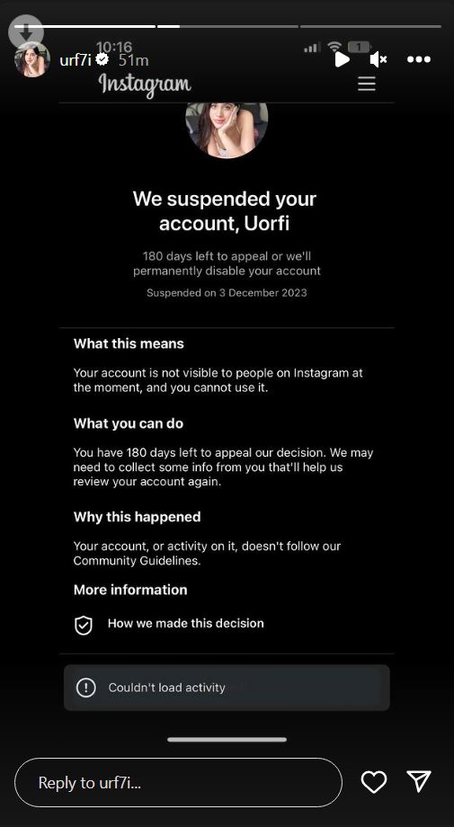 Urfi Javed Instagram Account Suspended