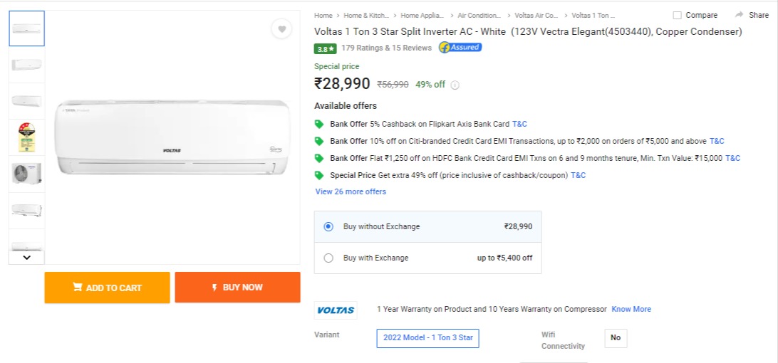 Voltas 1 Ton 3 Star Split Inverter AC