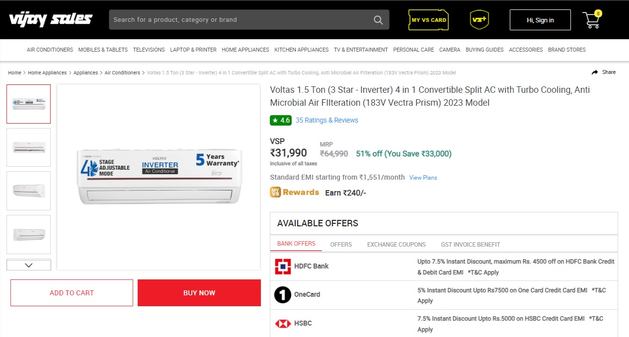 Voltas 1.5 Ton 3 Star Inverter 4 in 1 Convertible Split AC