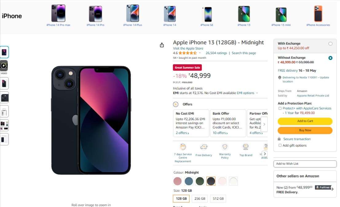 Amazon Great Summer Sale discount on iPhone 13