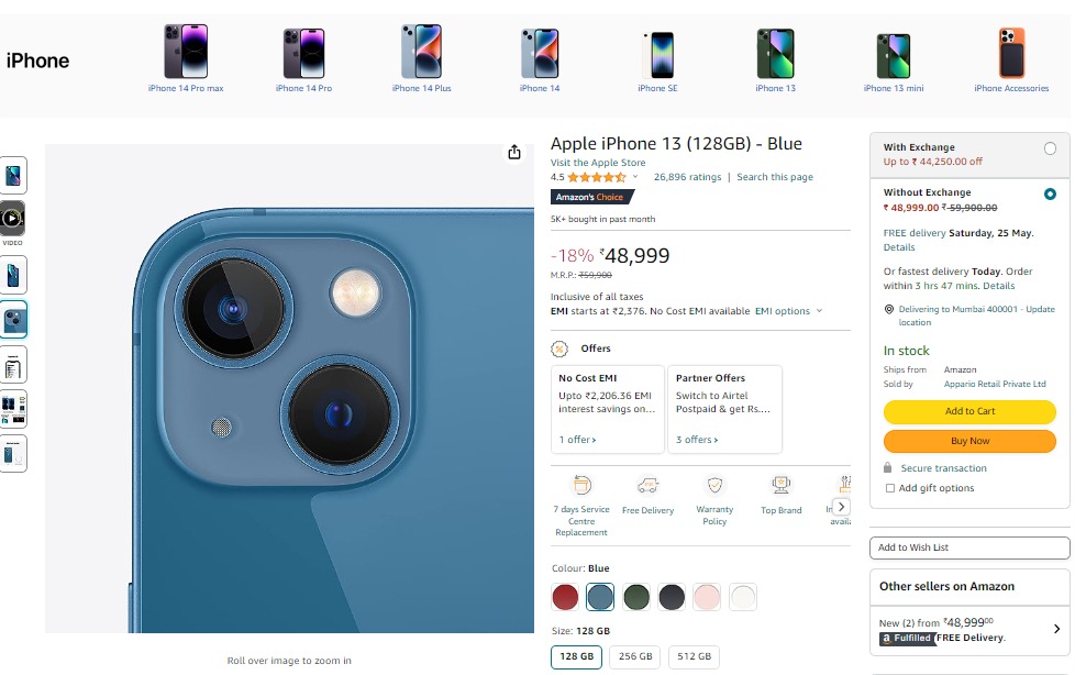 Flipkart vs Amazon Discount offer on iPhone 13