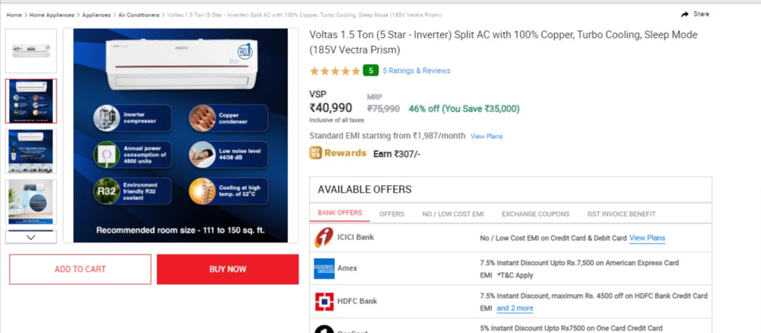 Voltas 1.5 Ton (5 Star - Inverter) Split AC