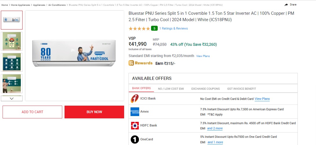 Bluestar PNU Series Split 5 in 1 Convertible 1.5 Ton 5 Star Inverter AC