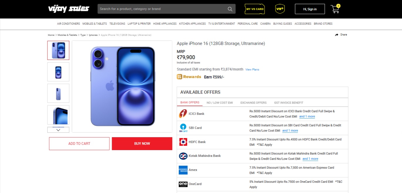 Apple iPhone 16 Discount offer at Vijay Sales