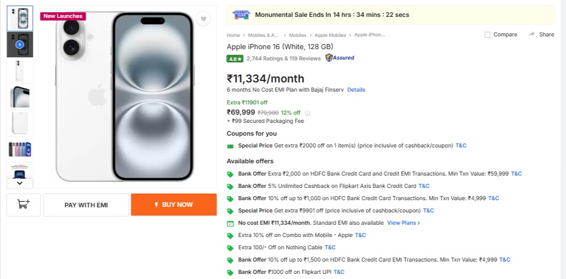 Flipkart Discount Offer on iPhone 16 &nbsp;