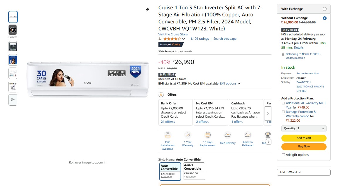 Cruise 1 Ton 3 Star Inverter Split AC with 7-Stage Air Filtration