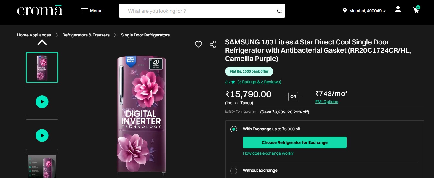 Croma: SAMSUNG 183 L Direct Cool Single Door 4 Star Refrigerator