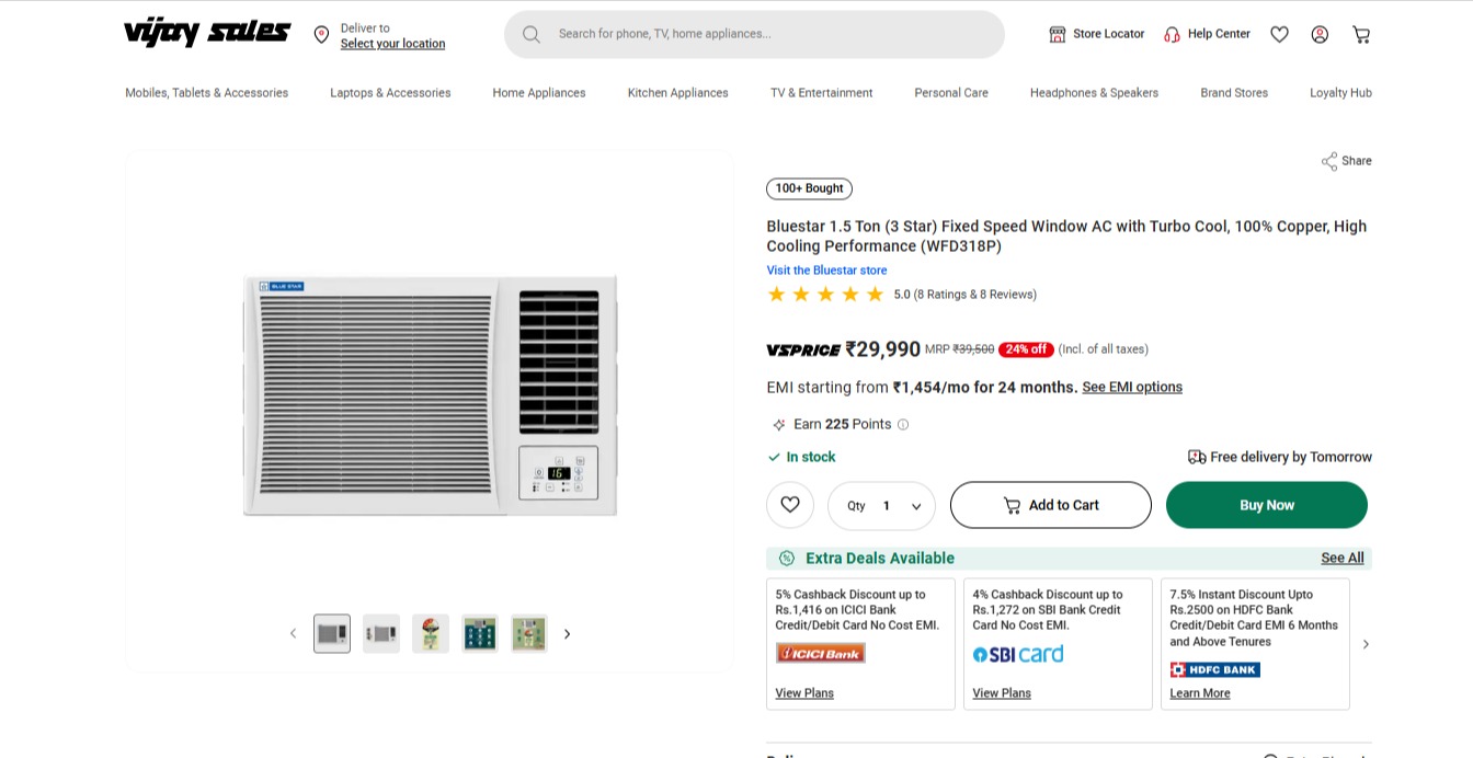 Bluestar 1.5 Ton (3 Star) Fixed Speed Window AC with Turbo Cool