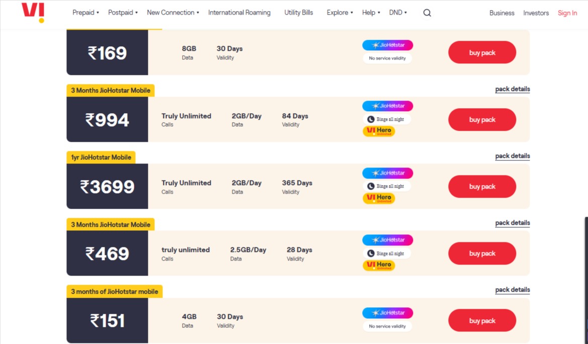 Vodafone Idea JioHostar Plan