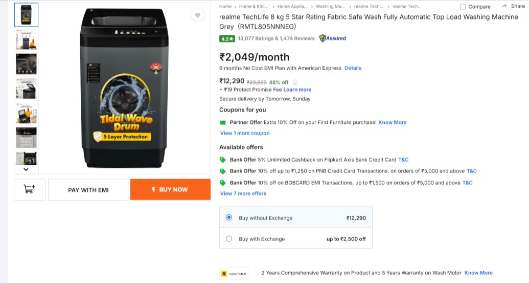 Realme TechLife 8 kg 5 Star Rating Fabric Safe Wash Fully Automatic Top Load Washing Machine &nbsp;