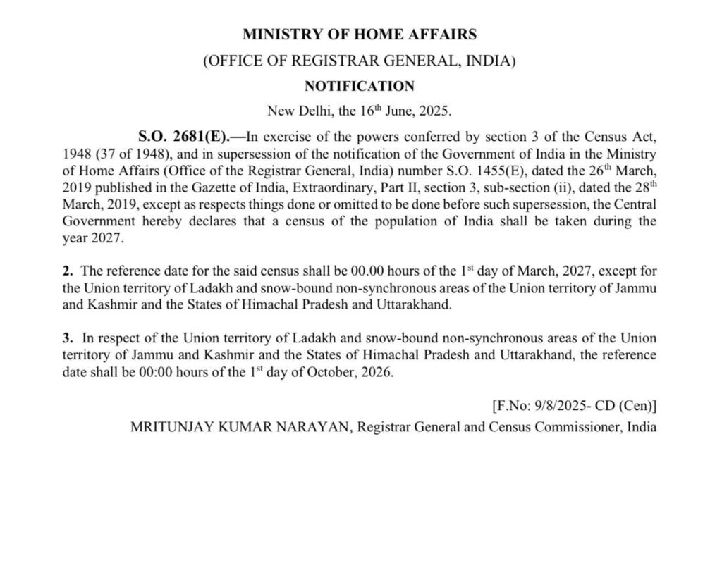 Centre Notifies Census 2027