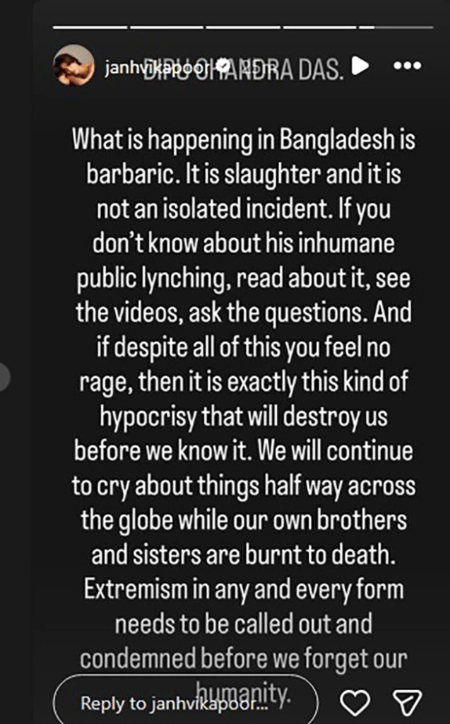 janhvi kapoor Post On bangladesh lynching